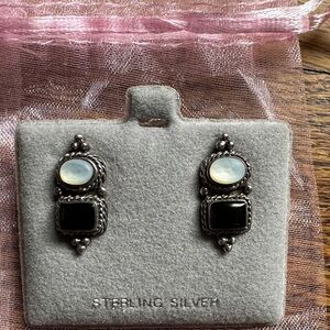 Sterling Silver Mother of Pearl and Black Onyx Drop Vintage Earrings